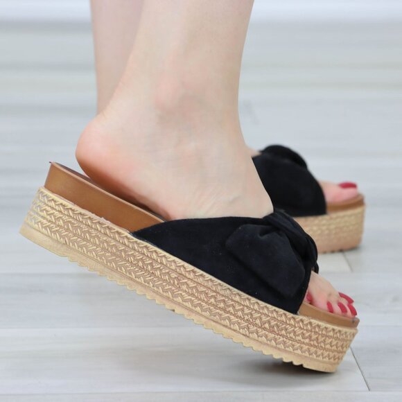 Suede Black Bow Comfort Platform Sandal Slip On Sliders - Picture 10 of 12